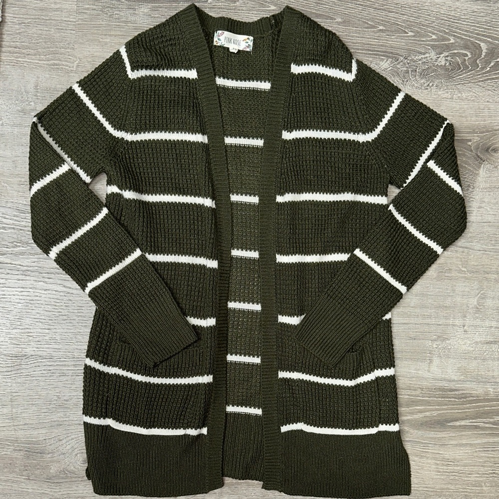 Medium Military Green Cardigan with White Stripes NWOT